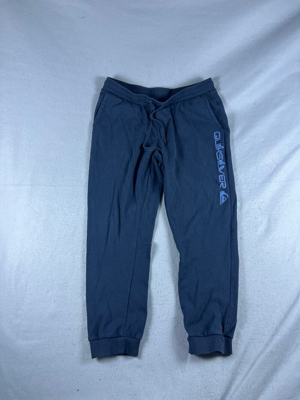 Quiksilver Sweatpants Mens L Blue Tapered Spellout Side Logo Fleece Joggers Gym